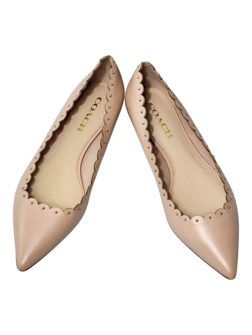 COACH Beige Leather Studded Scalloped Pointed Toe Ballet Flats Size 8.5B